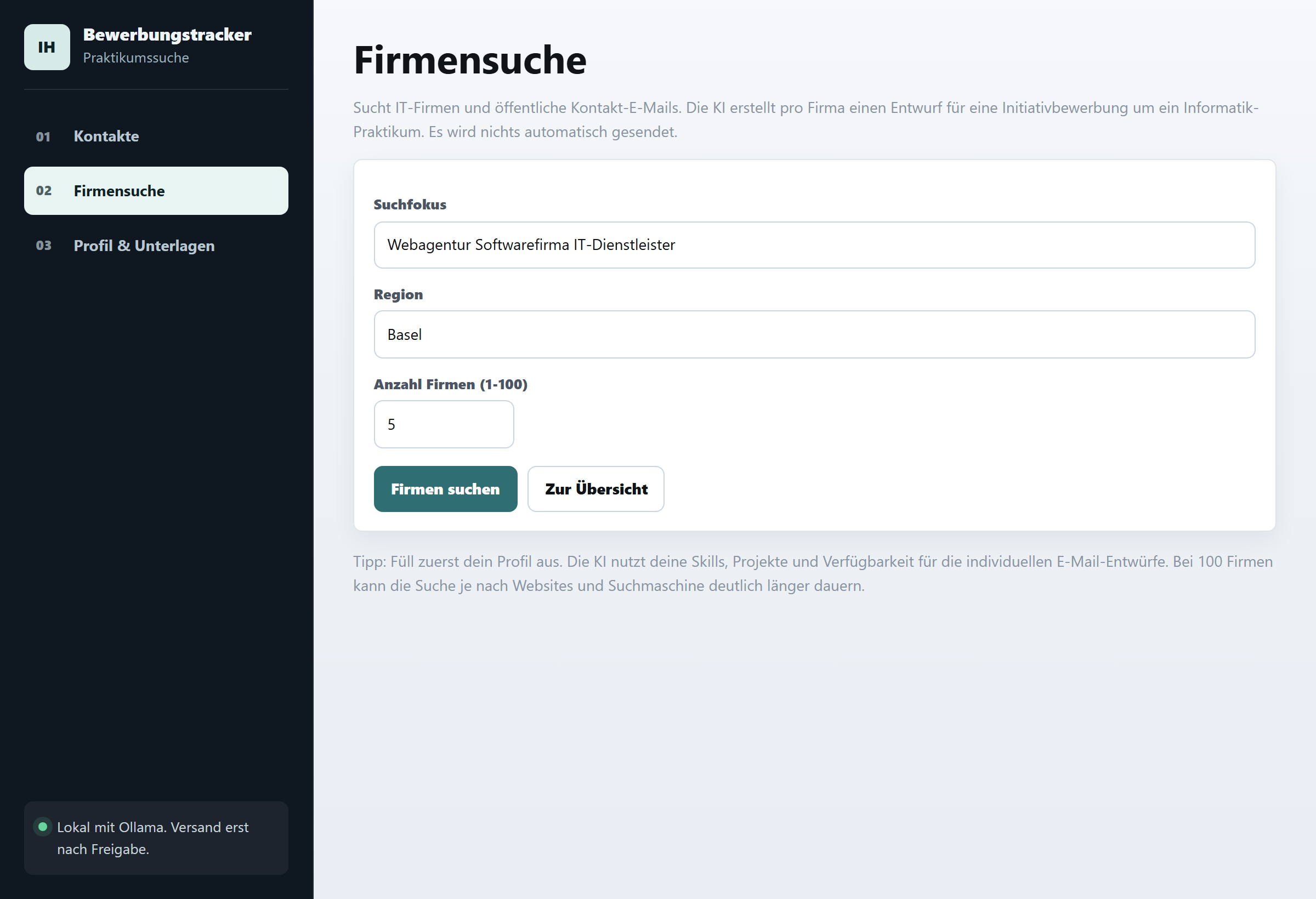 The Application Assistant app — a dark sidebar and a company-search form for speculative applications.