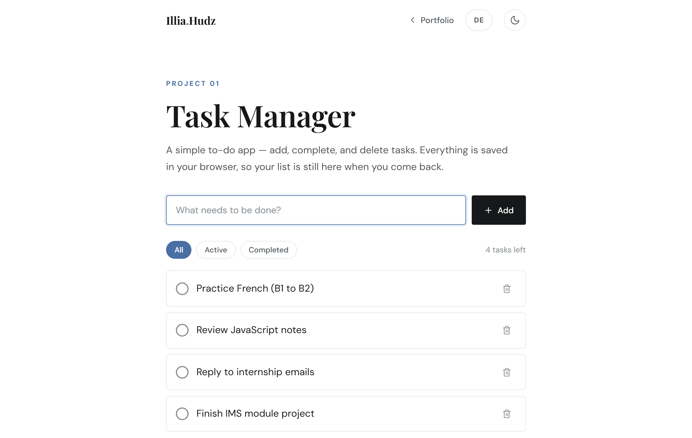 The Task Manager app: an add-task field, All/Active/Completed filter tabs, and a list of tasks with delete buttons.