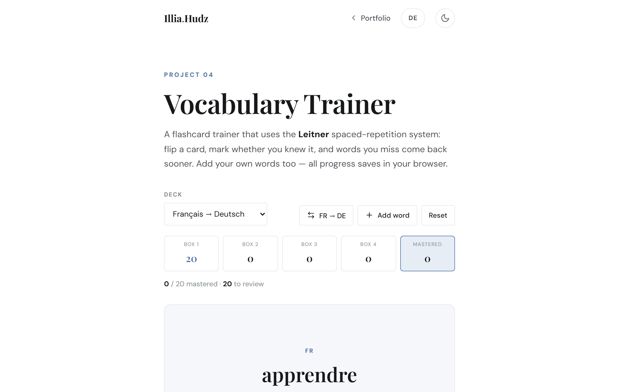 The Vocabulary Trainer with a French→German deck, five Leitner boxes, and a flashcard.