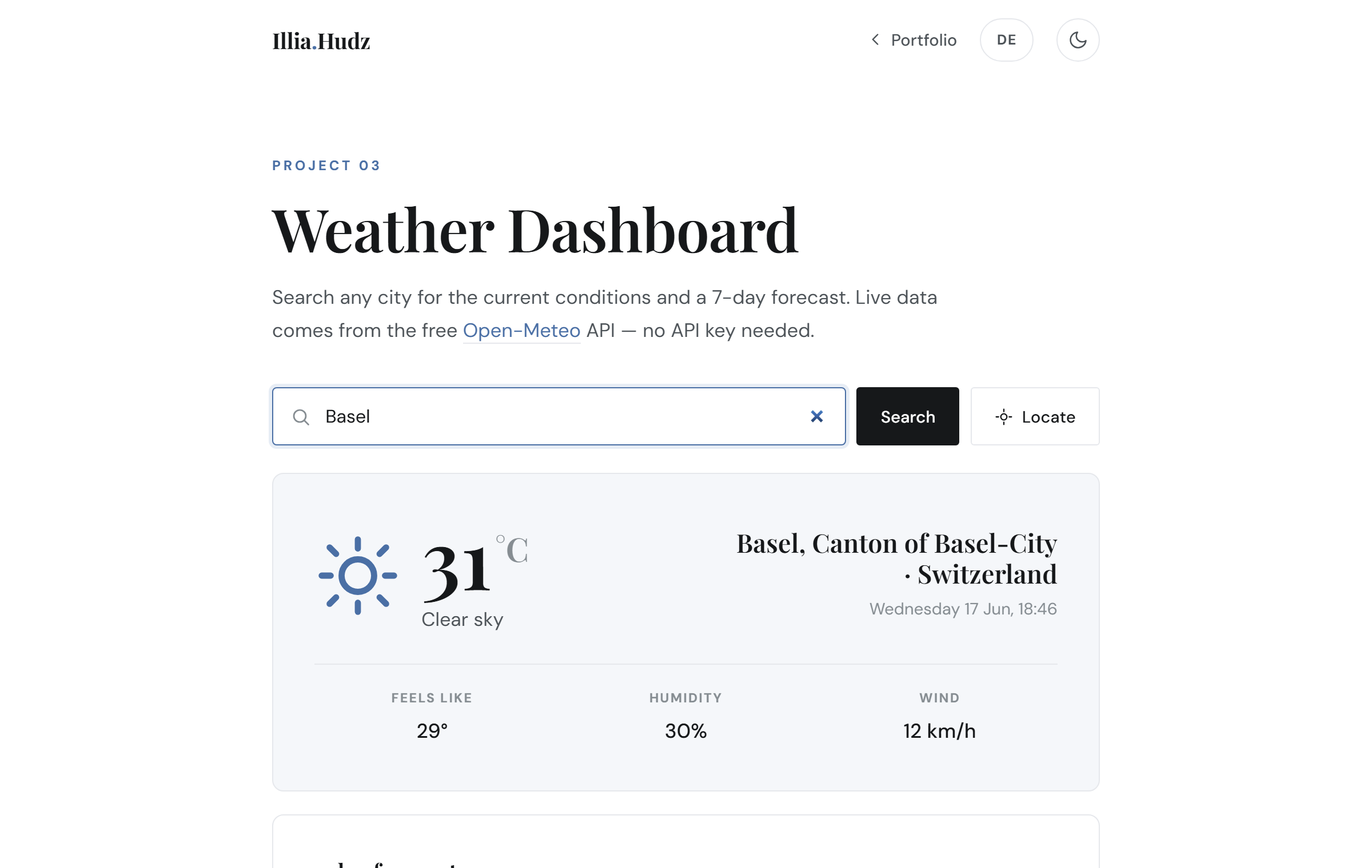 The Weather Dashboard showing current conditions for Basel.